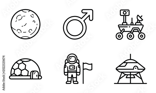 Foto Space Exploration Icons Set, Astronaut, Rover, Planet, UFO, Dome, Mars Symbol, V