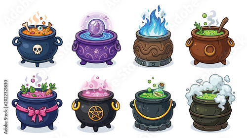 Photos Magic Potion Cauldron Illustration Set with Fantasy Witch Brewing Pots and Cartoon Alchemy Boiler Designs