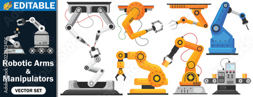 Tableau sur toile Industrial Robotic Arms and Manipulators Vector Set: Automated Assembly Line Ico