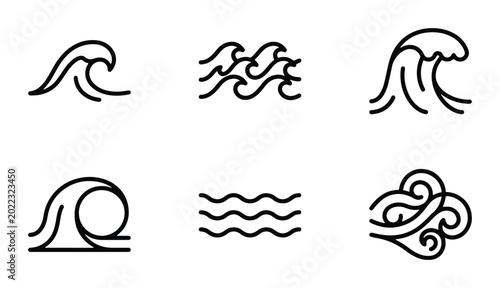 Foto Minimalist Wave Icons, Ocean Swells & Sea Patterns, Simple Nautical Symbols, Cle