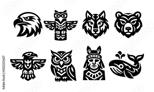 Obraz na plátně Collection of stylized indigenous art icons featuring animals and human figures