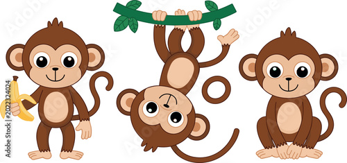 Photography Cute Cartoon Monkey Character Set with Playful Jungle Animals Holding Banana and