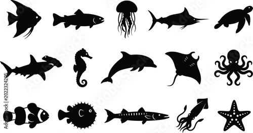 Foto Black silhouettes of various sea creatures, including fish, on white background,