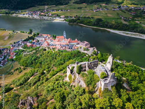 Remains of Dürnstein castle with village and Monastery in background
