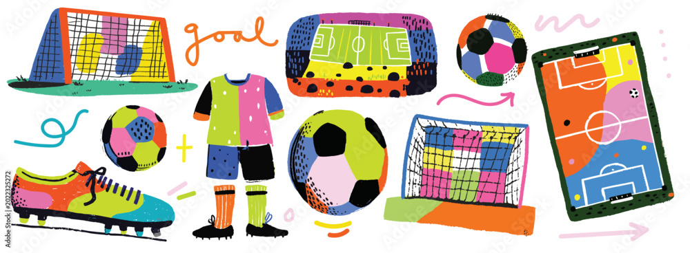 Obraz premium Colorful doodle soccer elements including ball, goal, field, and boots