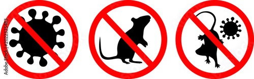 Warning sign set featuring black silhouettes of rats and virus icons inside red prohibition circles to indicate hantavirus risk and pest control safety measures on white background