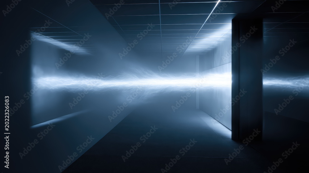 Fototapeta premium Intense blue light beam illuminating a dark, mysterious, and futuristic corridor, creating a dynamic sense of power and advanced technology within the abstract space