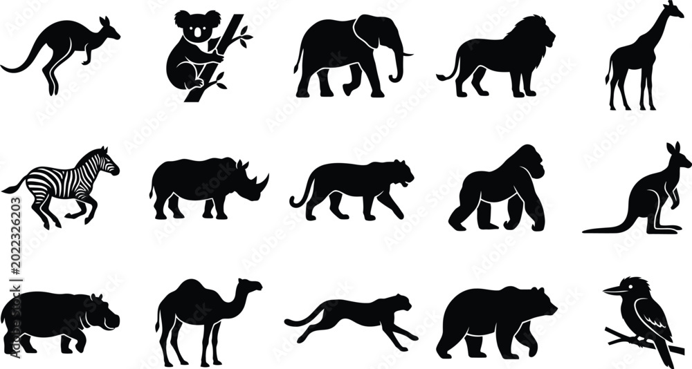 Fototapeta premium Black silhouettes of various wild animals, including mammals and a bird, on white background, animal silhouettes