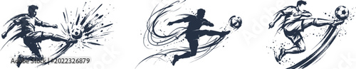 Foto Grunge ink splatter silhouettes of soccer players kicking ball