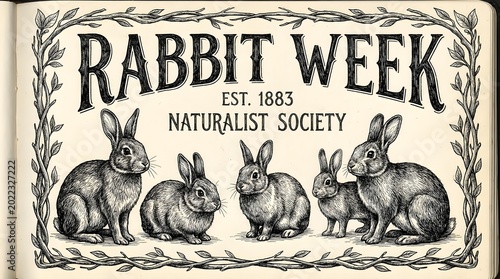 Rabbit Week Black Ink Cross-Hatching Illustration Poster with Serif Typography and Natural History Sketch Style