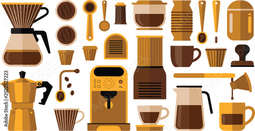 Photos Coffee Brewing Equipment Icon Set with Espresso Machine Moka Pot Pour Over and B