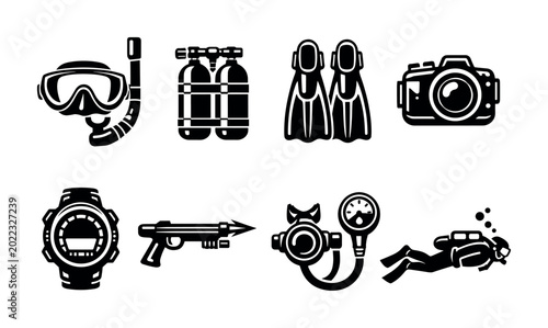 Fotografie Collection of black and white icons representing scuba diving equipment and acti