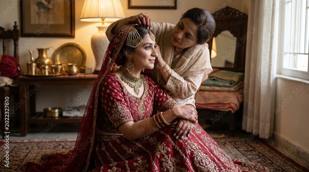 Fototapeta premium Pakistani bride in traditional wedding attire getting ready with assistance