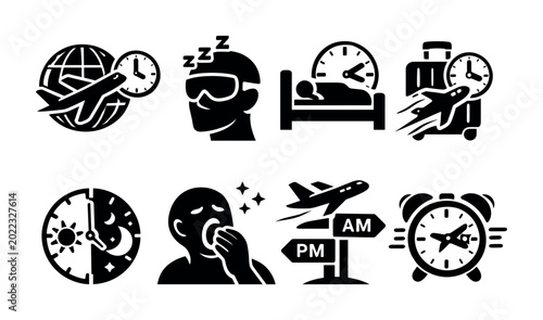 Schilderij op canvas Travel time icons: jet lag, sleep, and time zones