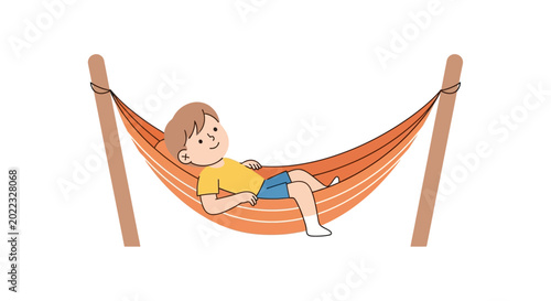 Foto Boy Relaxing in Orange Hammock Chair.