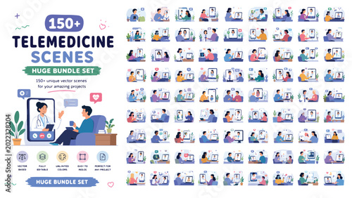 Fotografía Telemedicine scenes bundle with 150 plus vector illustrations, online doctor con