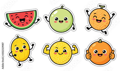 Tableau sur toile Adorable Cartoon Berry and Star Fruit Characters Sticker Set with Smiling Faces