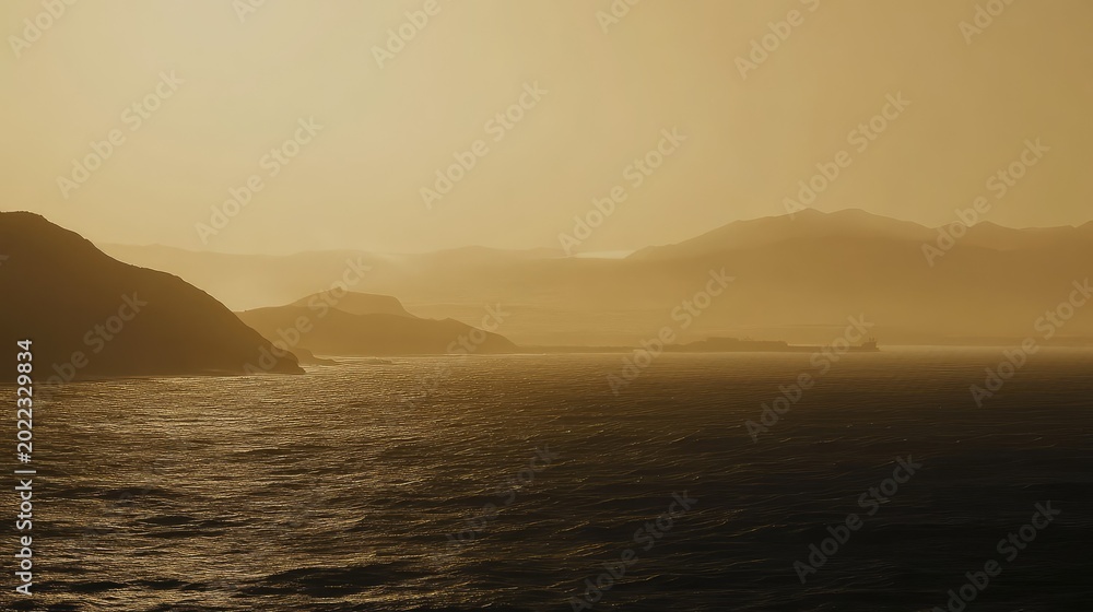 Fototapeta premium Coastal mountains slope into a shimmering ocean under warm, hazy light as distant peaks fade into soft atmospheric glow at golden hour, calm and serene