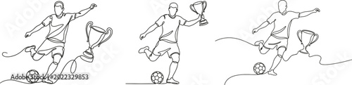 Continuous one line drawing of soccer players playing with ball and champion cup. Minimalist sports vector illustration set.