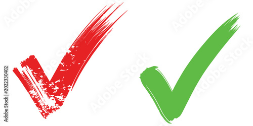Distressed red grunge tick mark and clean green check symbol isolated on transparent backdrop set