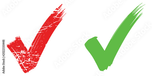 Foto Set of grunge check marks icons red and green paint brush strokes hand drawn sym