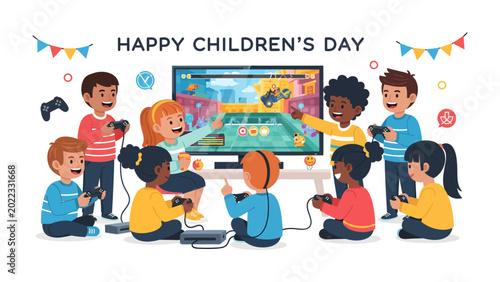 Schilderij op canvas Joyful Children's Day Gaming: A vibrant illustration captures the essence of Happy Children's Day, showcasing diverse children engrossed in an engaging video game on a large screen