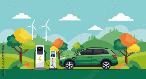 Fotografia Green electric car charging at a charging station powered by wind turbines in a
