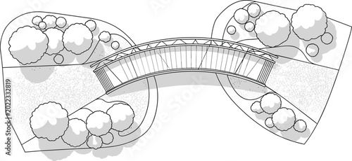 Quadro su tela Top view of arched pedestrian bridge over water in garden landscape plan element on transparent ground