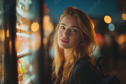A beautiful young woman with long blonde hair gazes thoughtfully at brightly lit vending machine displays at night.