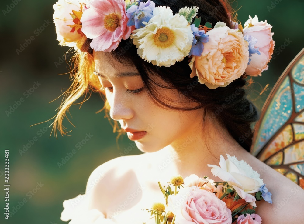 Obraz premium Young woman with flower crown and butterfly wings. Female holds bouquet of roses. Nature portrait serene girl. Soft light, outdoor setting. Fantasy ethereal beauty.