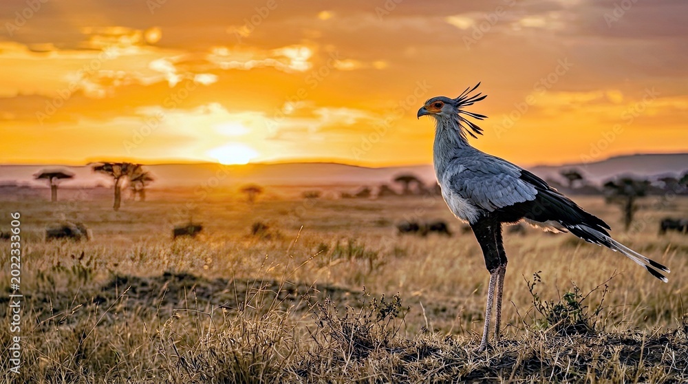 Fototapeta premium Secretarybird in African Savanna at Sunset Wildlife Photography for Travel and Nature Marketing Secretarybird