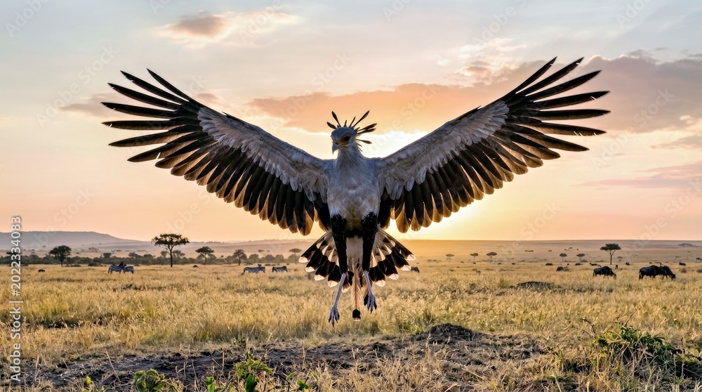 Fototapeta premium Secretarybird With Wings Spread African Savannah Wildlife Conservation Advertising Secretarybird African Savanna