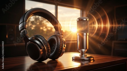Professional audio setup with headphones and microphone on a wooden desk, bathed in warm sunset light through a window.