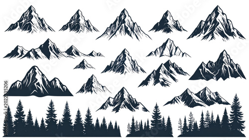 Mountain Peak Icon Collection Black Silhouette Graphics Featuring SnowCapped Mountains and Evergreen Trees