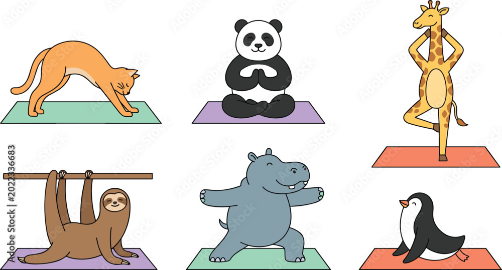 Naklejka premium Cute Cartoon Animals Doing Yoga and Fitness Exercises Set Featuring Cat Panda Giraffe Sloth Hippo and Penguin Stretching on Mats Vector Illustration