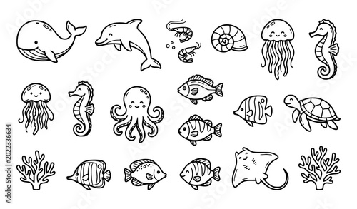 Bild auf Leinwand Cute marine animal outline doodles in black and white with whimsical sea life ve