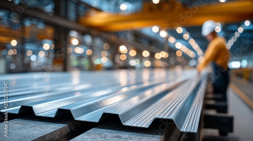 Worker processes metal sheets in a busy factory during the day
