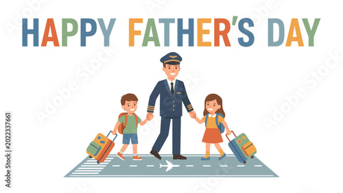 Bilde på lerret Happy Father's Day: A heartfelt tribute to fathers everywhere, featuring a pilot and his two children embarking on a journey together, showcasing family bonding and paternal love