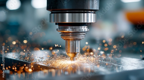 Cutting metal in a factory with a CNC machine and sparks flying during the process