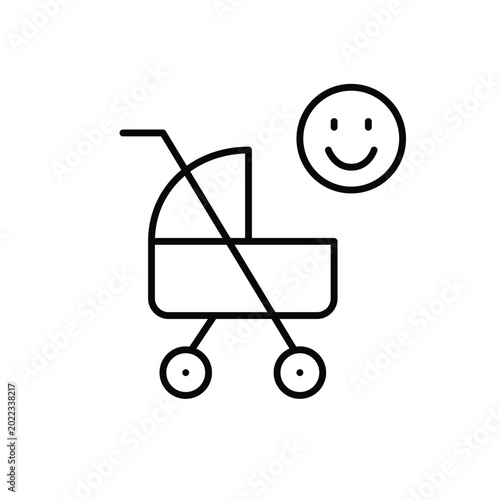 Baby stroller and smiley face. Infant products and care family satisfaction. Pixel perfect, editable stroke vector icon