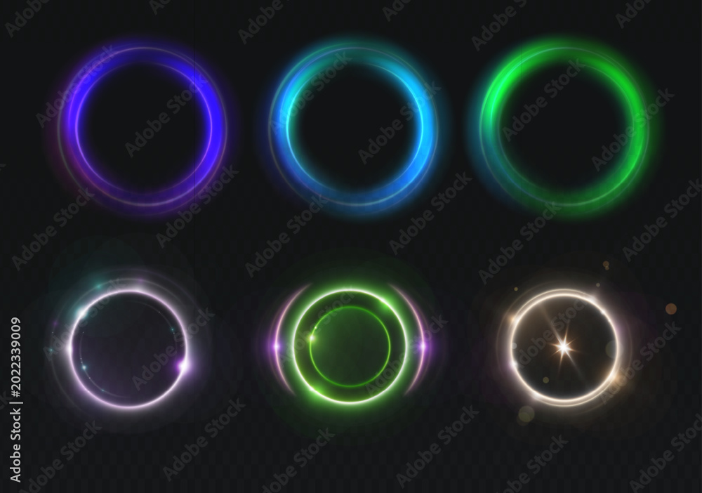Naklejka premium Set of colorful glow circles on transparent background featuring multiple vibrant designs suitable f
