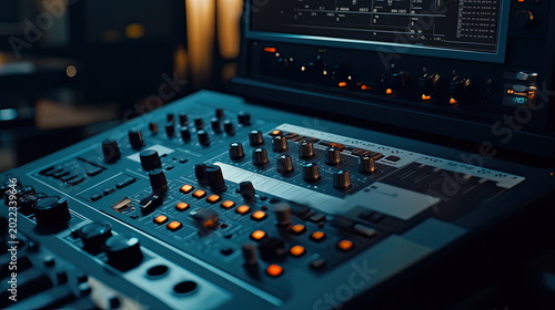 Audio mixer console with glowing orange buttons and knobs, close up of faders and eq controls in a dark professional recording studio for music production and sound engineering