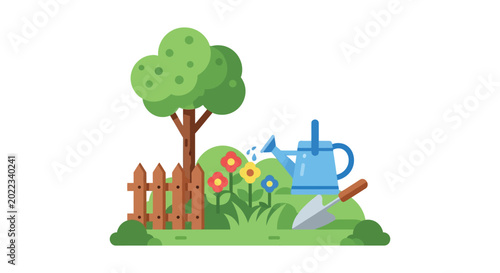 garden scene with flowers watering can and picket fence illustration