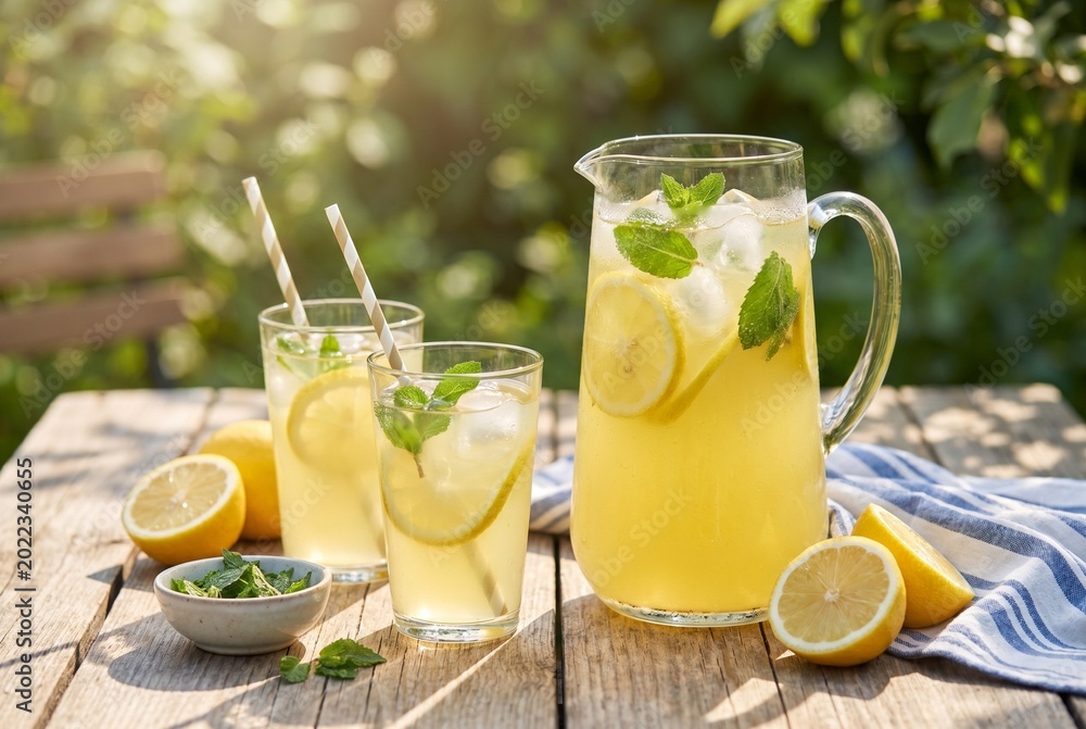 Fototapeta premium Fresh homemade lemonade pitcher with lemon slices, mint, ice on outdoor wooden table summer