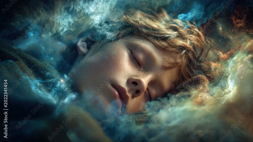 Obraz premium Child dreaming amidst cosmic nebulae