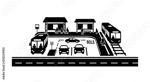 Illustration of a multi modal transport hub with buses trains and cars.