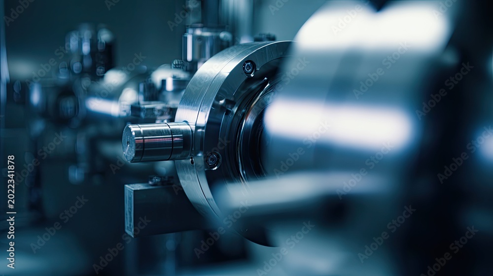 Fototapeta premium Precision engineered laboratory machinery in a high tech research facility, close up of metallic components and instruments used for advanced industrial, biotech and robotics development