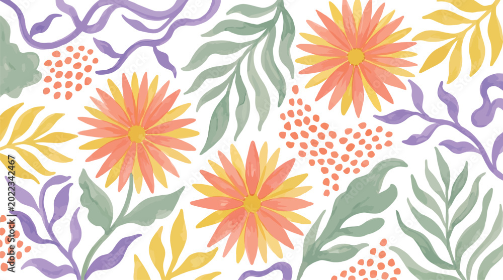 Fototapeta premium Vibrant watercolor floral pattern with delicate orange and yellow blossoms, lush green leaves, abstract purple vines, and speckles on a light background, perfect for decorative designs