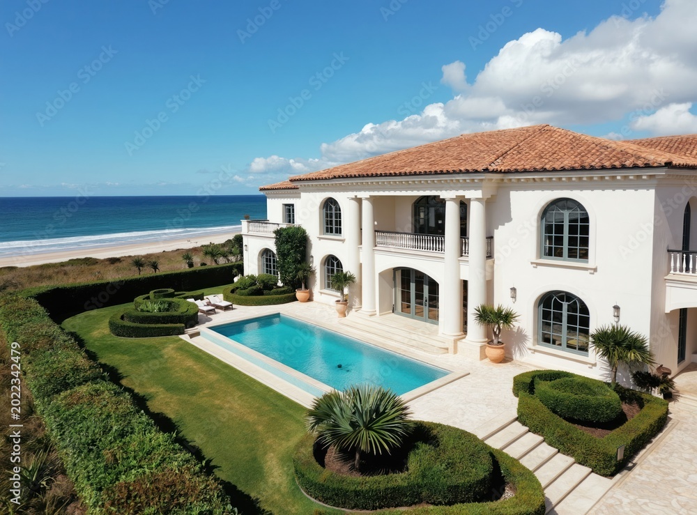 Fototapeta premium Luxury villa with pool, manicured garden on sandy beach coast. Elegant Mediterranean style mansion faces calm blue ocean water. Exclusive private estate offers serene seaside living, perfect for