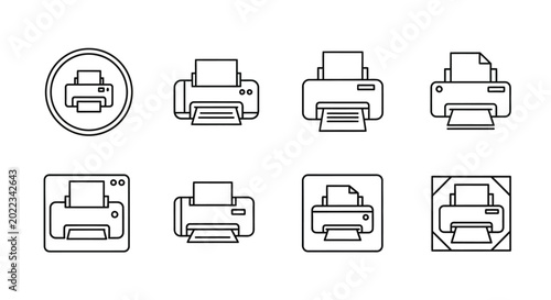 Set of printer line icons for office document and digital printing